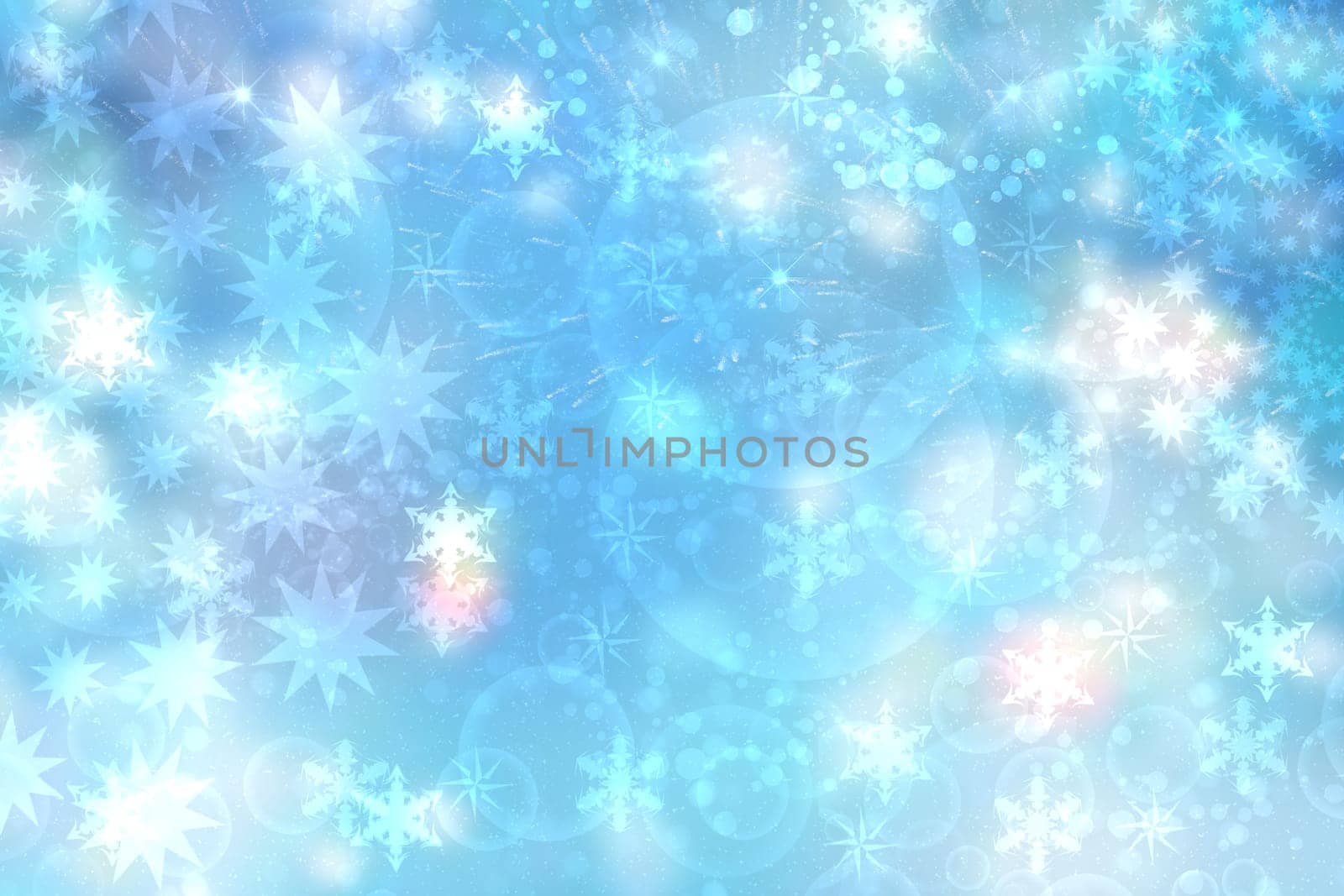 Christmas card template. Abstract festive blue winter christmas background texture with a pastel bokeh lighted xmas baubles and stars. Beautiful card design. Space.