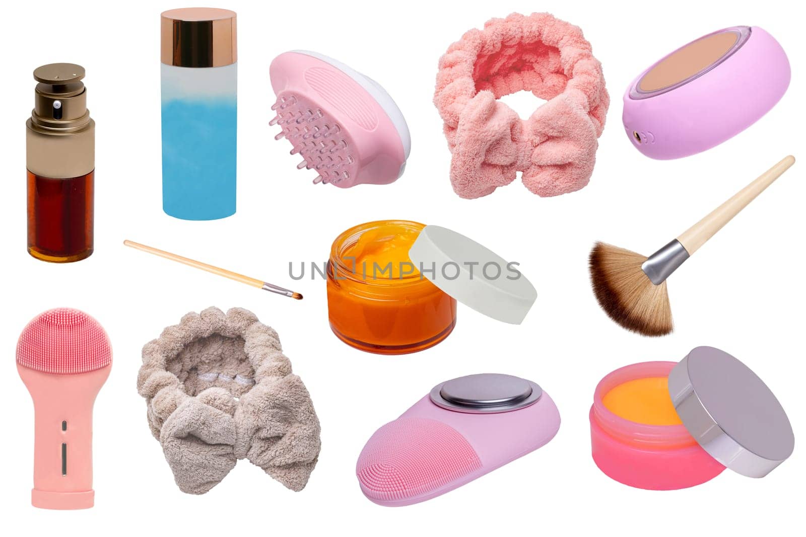 Collage of make up cosmetics and tools. Set of various open jars or bottles with cream for face, liquid make-up pillow, skin care products, modern electric facial cosmetology devices and other beauty accessories isolated on a white background.
