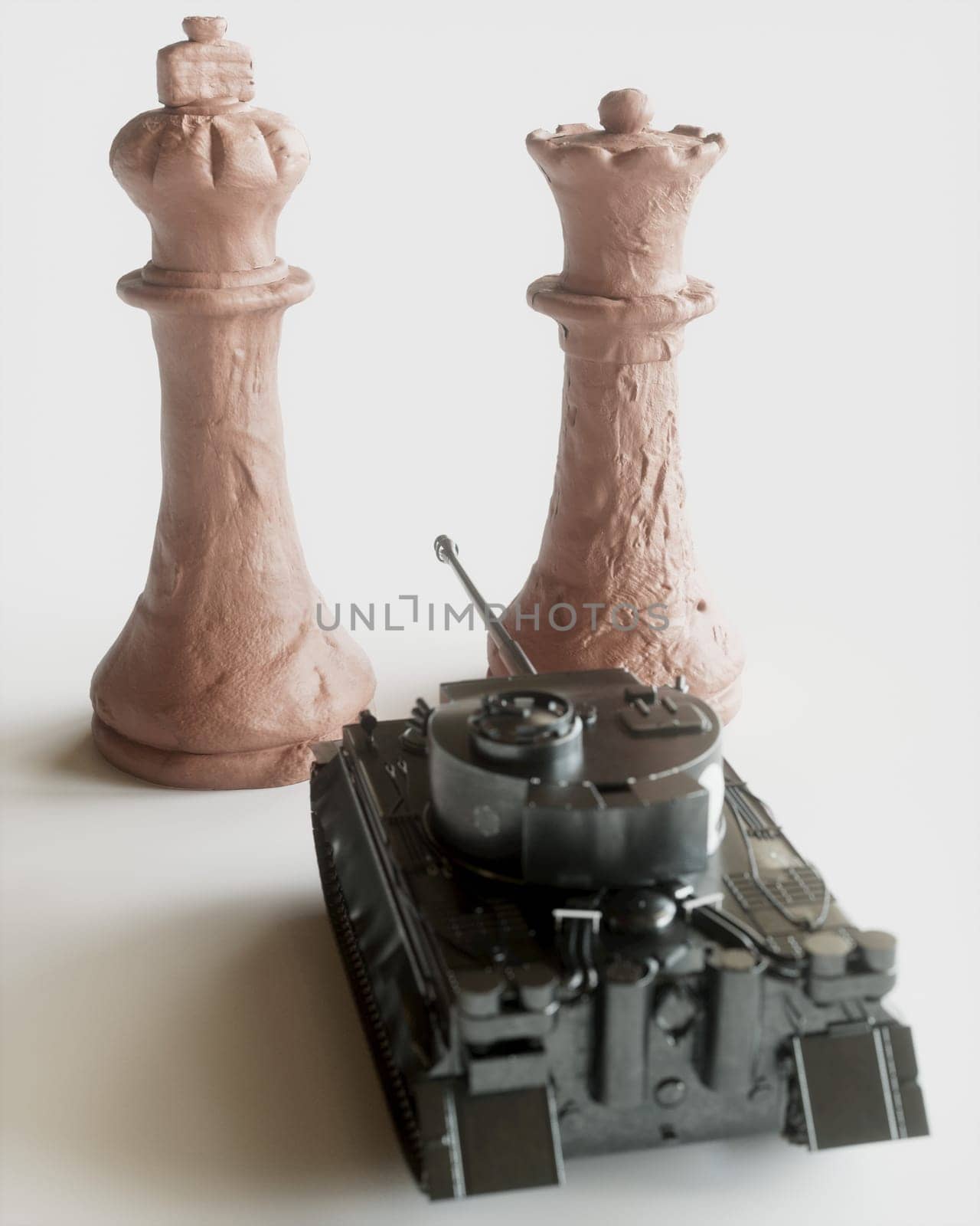Toy tanks with chess on chessboard. Concept of military strategy. -- 3D Rendering