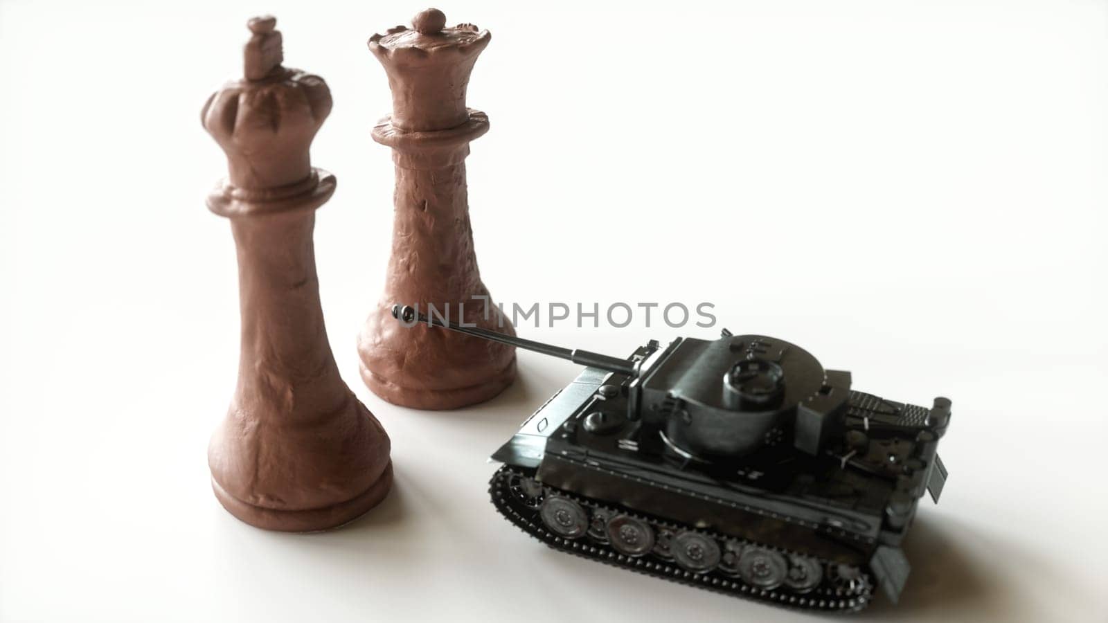 Toy tanks with chess on chessboard. Concept of military strategy. -- 3D Rendering
