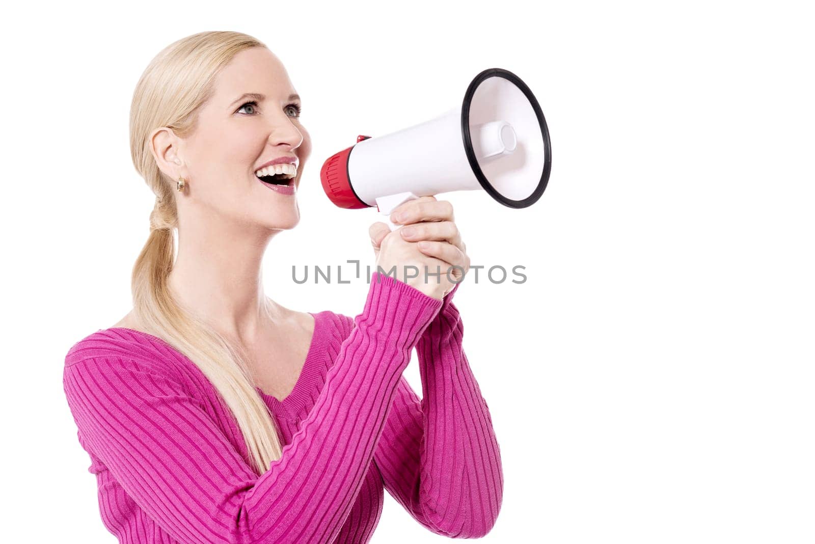 Woman making announcement with loudhailer
