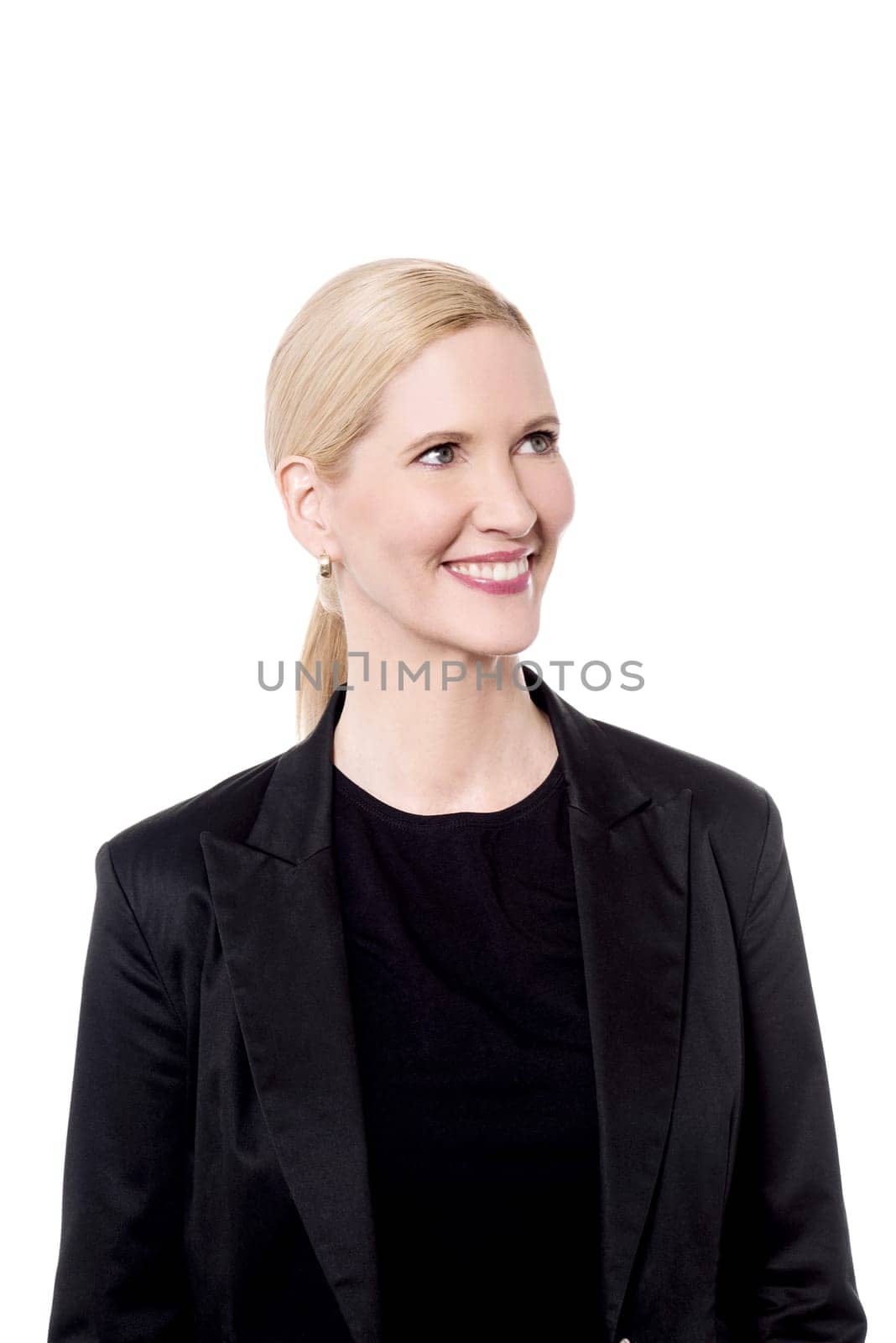 Smiling woman looking up over white