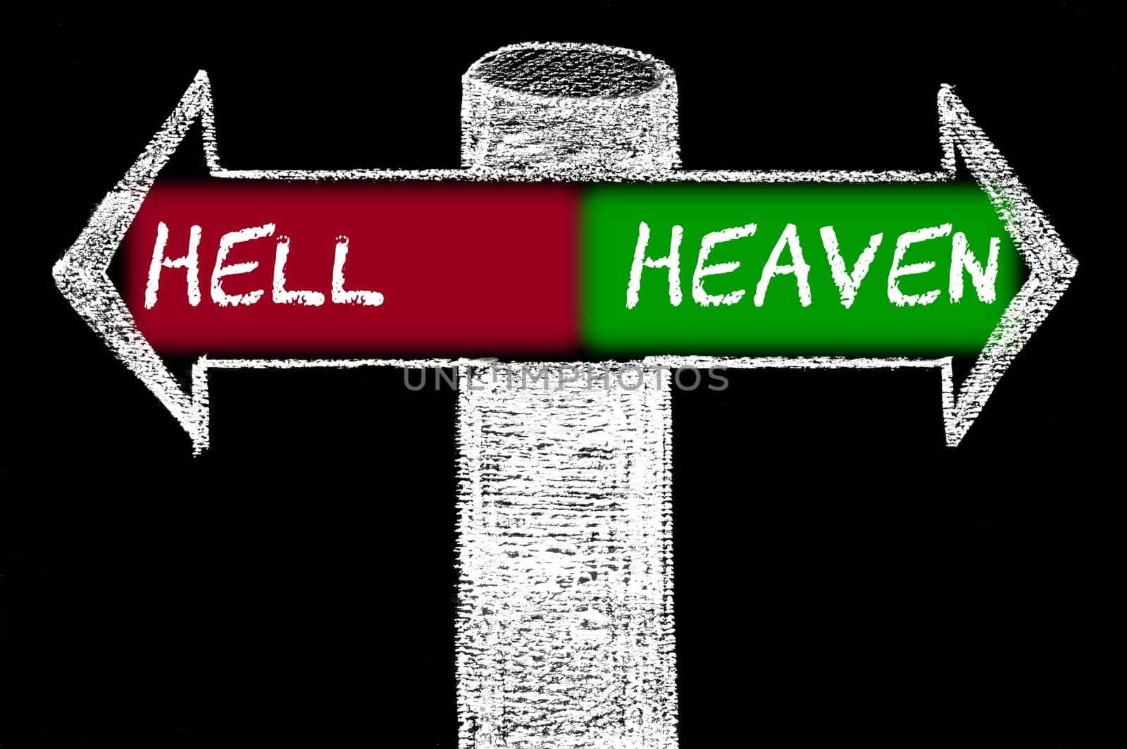 Opposite arrows with Hell versus Heaven. Hand drawing with chalk on blackboard. Choice conceptual image