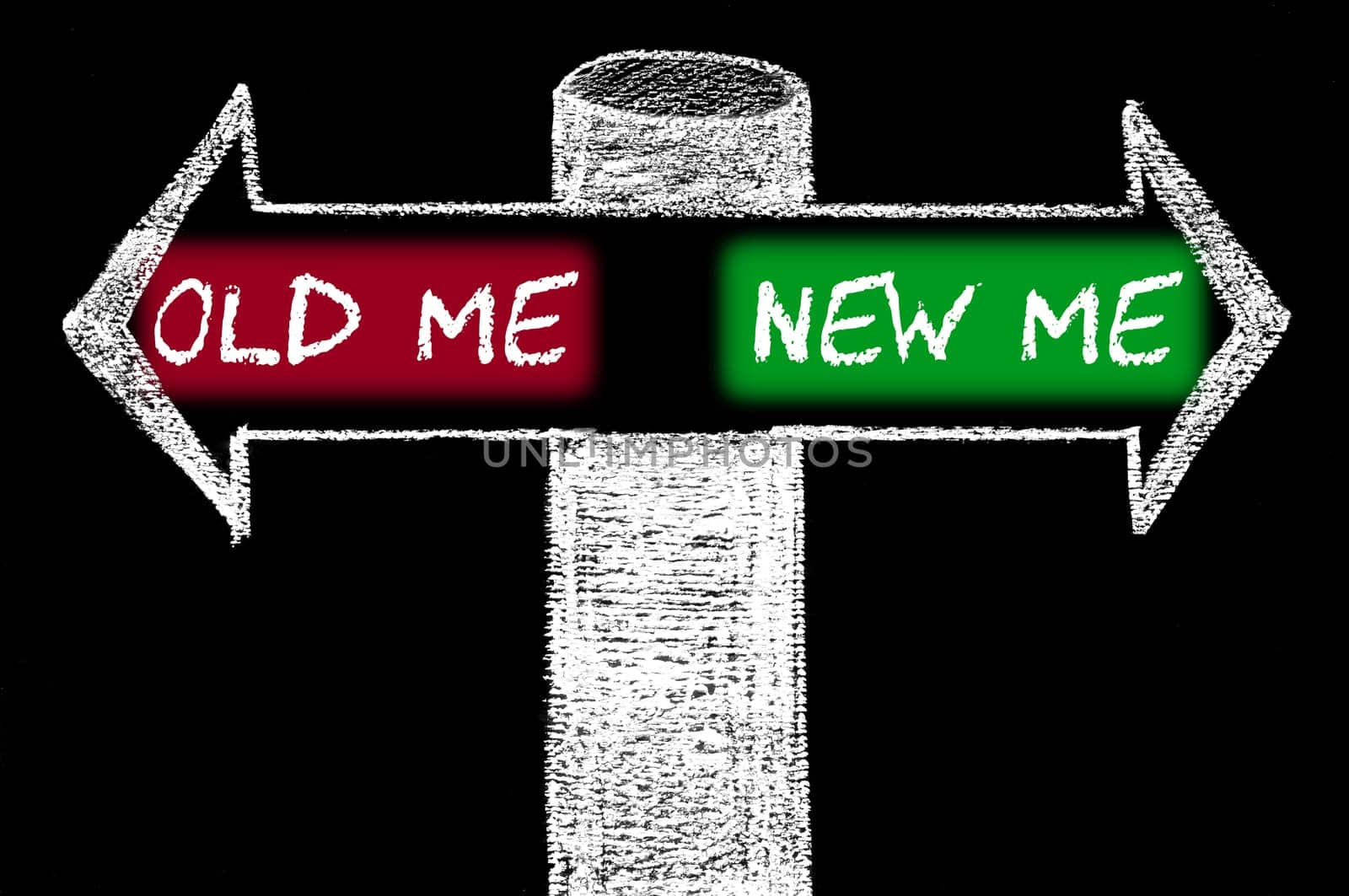 Opposite arrows with Old Me versus New Me. Hand drawing with chalk on blackboard. Choice conceptual image