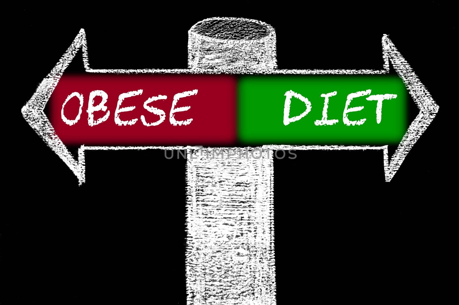 Opposite arrows with Obese versus Diet. Hand drawing with chalk on blackboard. Choice conceptual image
