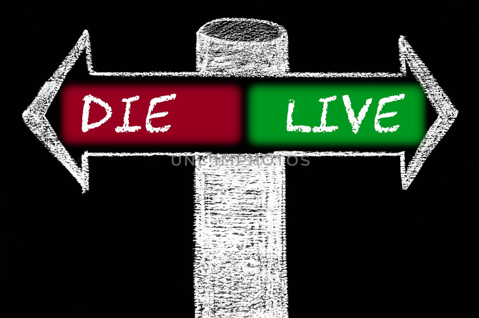 Opposite arrows with Die versus Live. Hand drawing with chalk on blackboard. Choice conceptual image