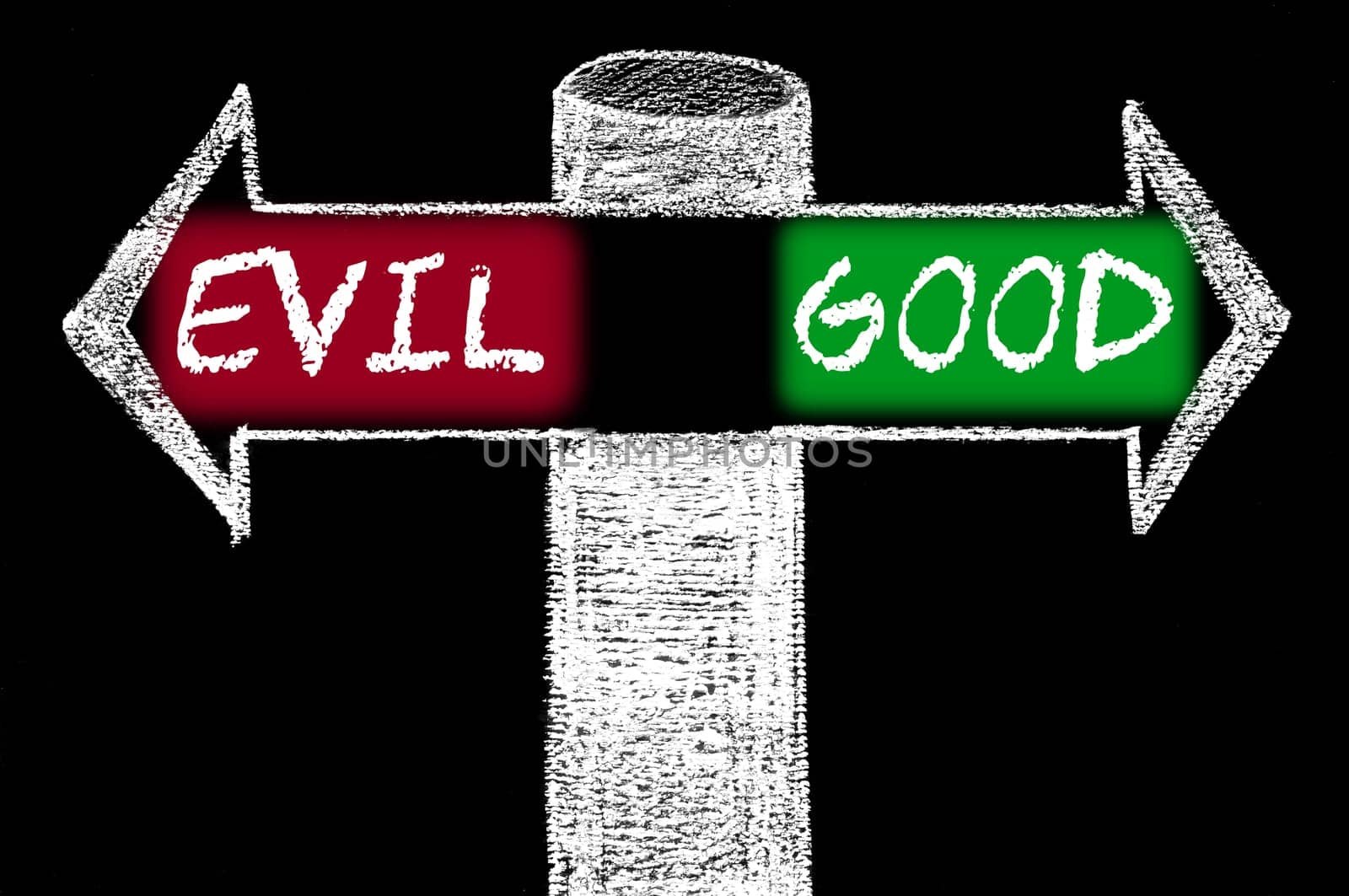 Opposite arrows with Evil versus Good. Hand drawing with chalk on blackboard. Choice conceptual image