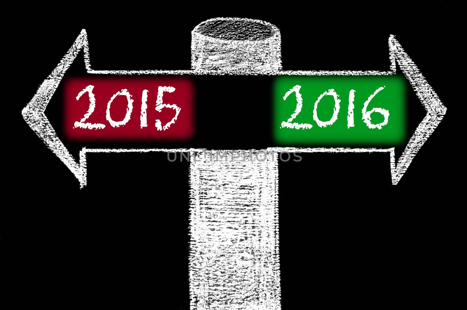 Opposite arrows with Year 2015 versus Year 2016. Hand drawing with chalk on blackboard. Choice conceptual image