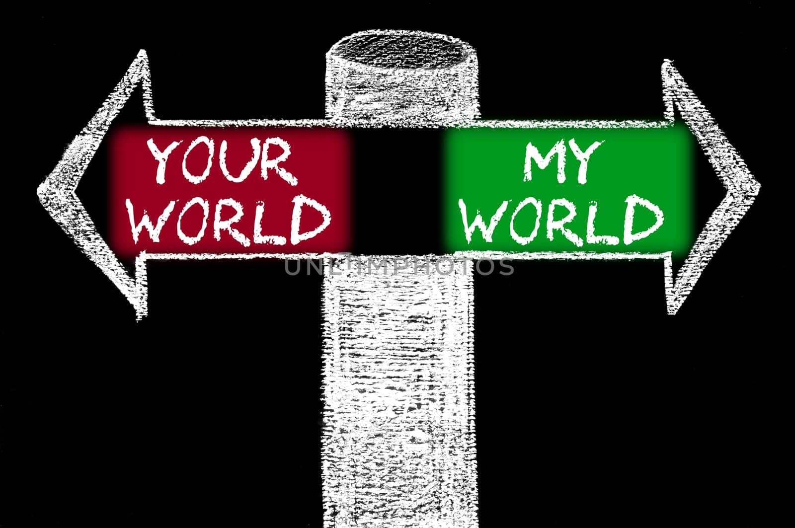 Opposite arrows with Your World versus My World. Hand drawing with chalk on blackboard. Choice conceptual image