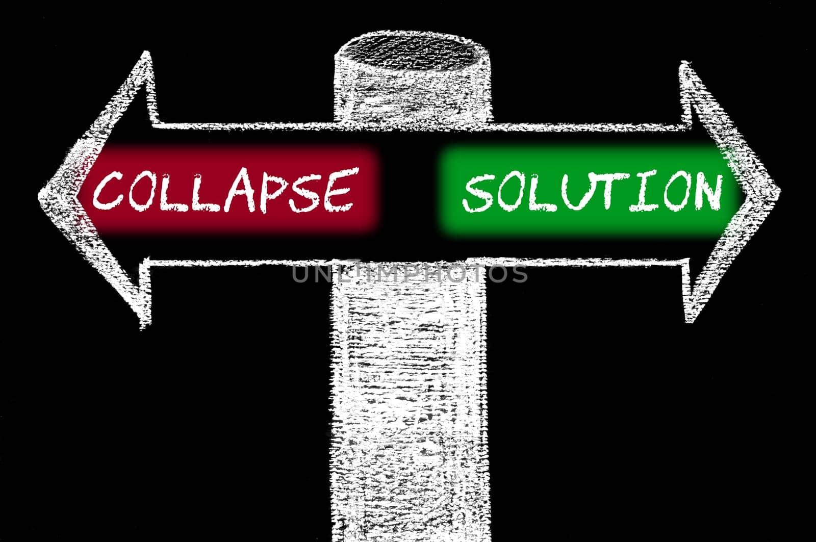 Opposite arrows with Collapse versus Solution. Hand drawing with chalk on blackboard. Choice conceptual image