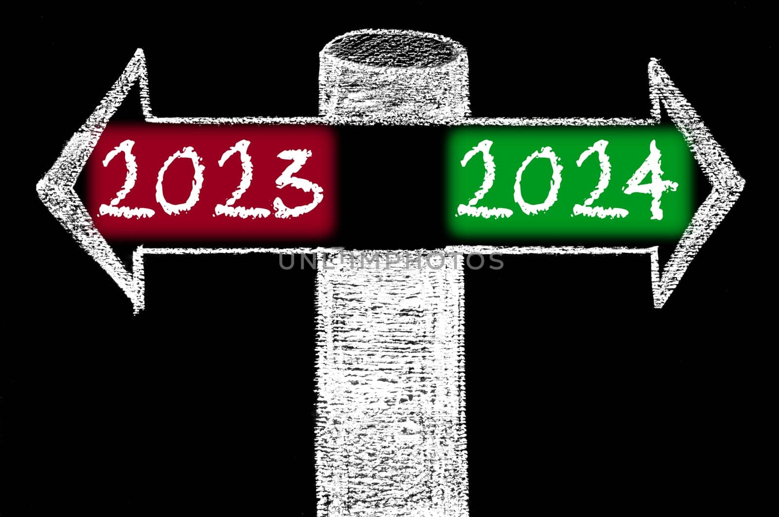 Opposite arrows with Year 2023 versus Year 2024. Hand drawing with chalk on blackboard. Choice conceptual image