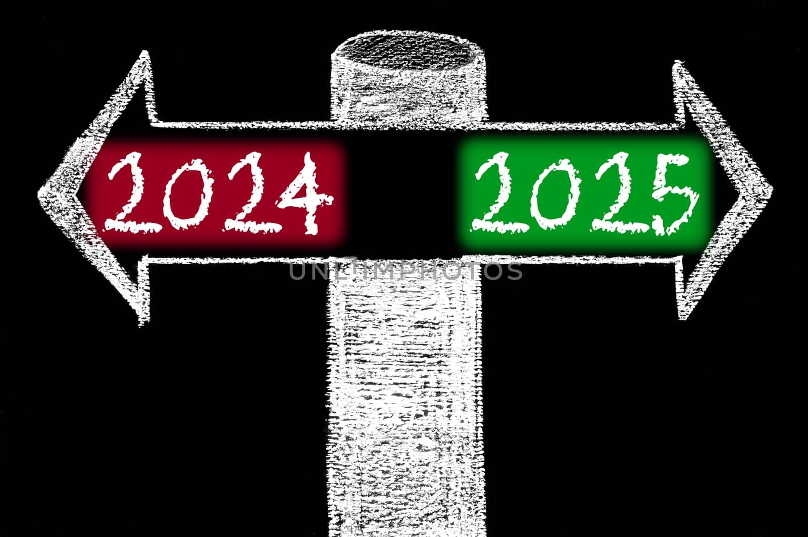 Opposite arrows with Year 2024 versus Year 2025. Hand drawing with chalk on blackboard. Choice conceptual image