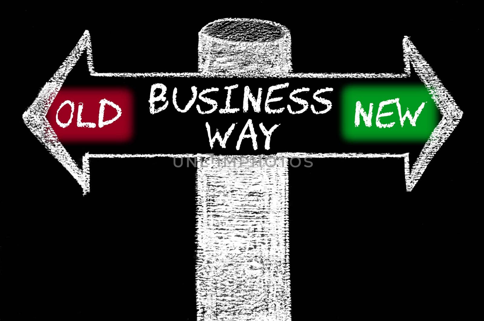 Opposite arrows with Old versus New Business Way. Hand drawing with chalk on blackboard. Choice conceptual image