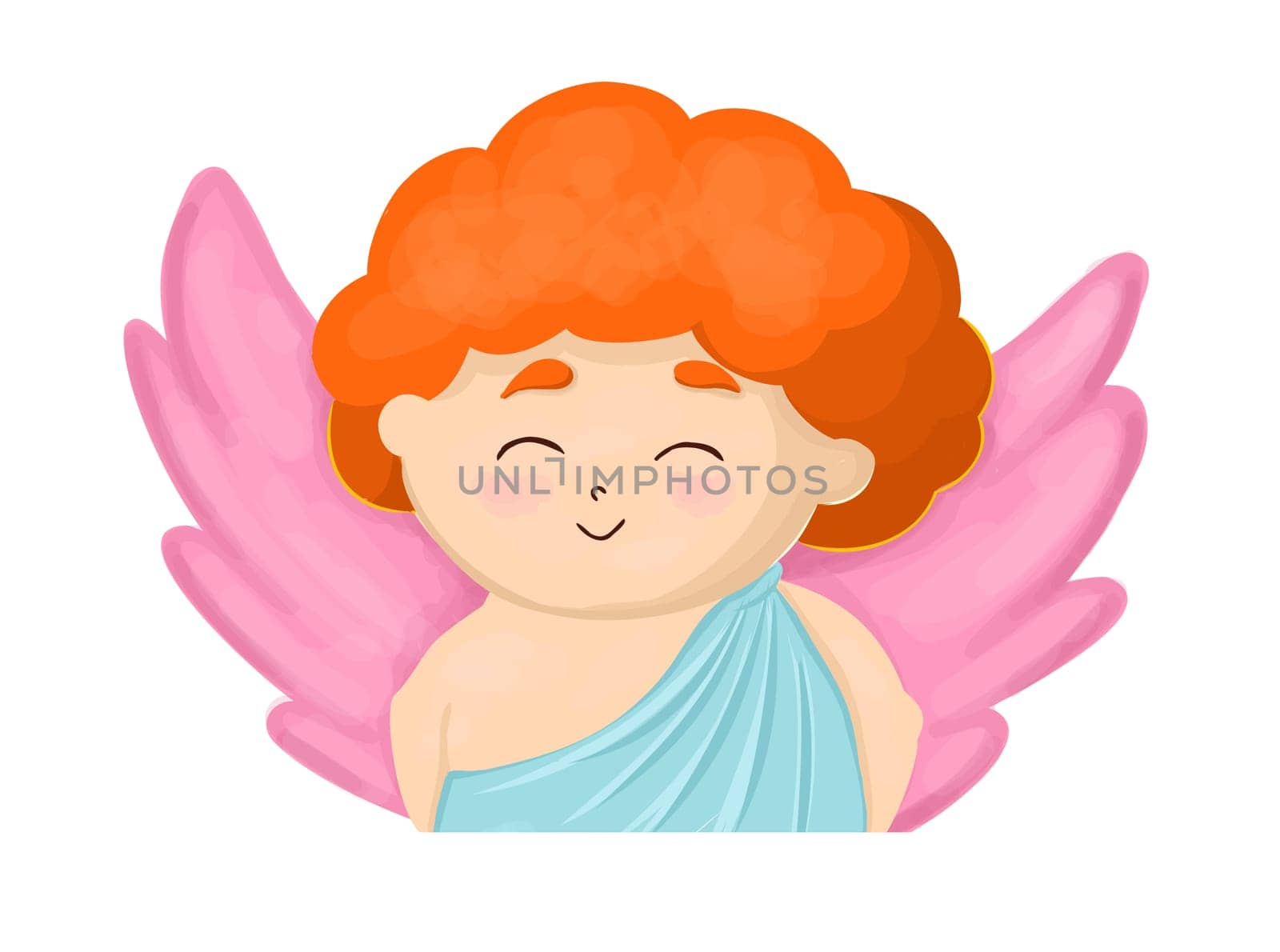 Cupid isolated on white background. Vector illustration of an angel. Valentine's Day character. Baby cupid smiles. Red hair.