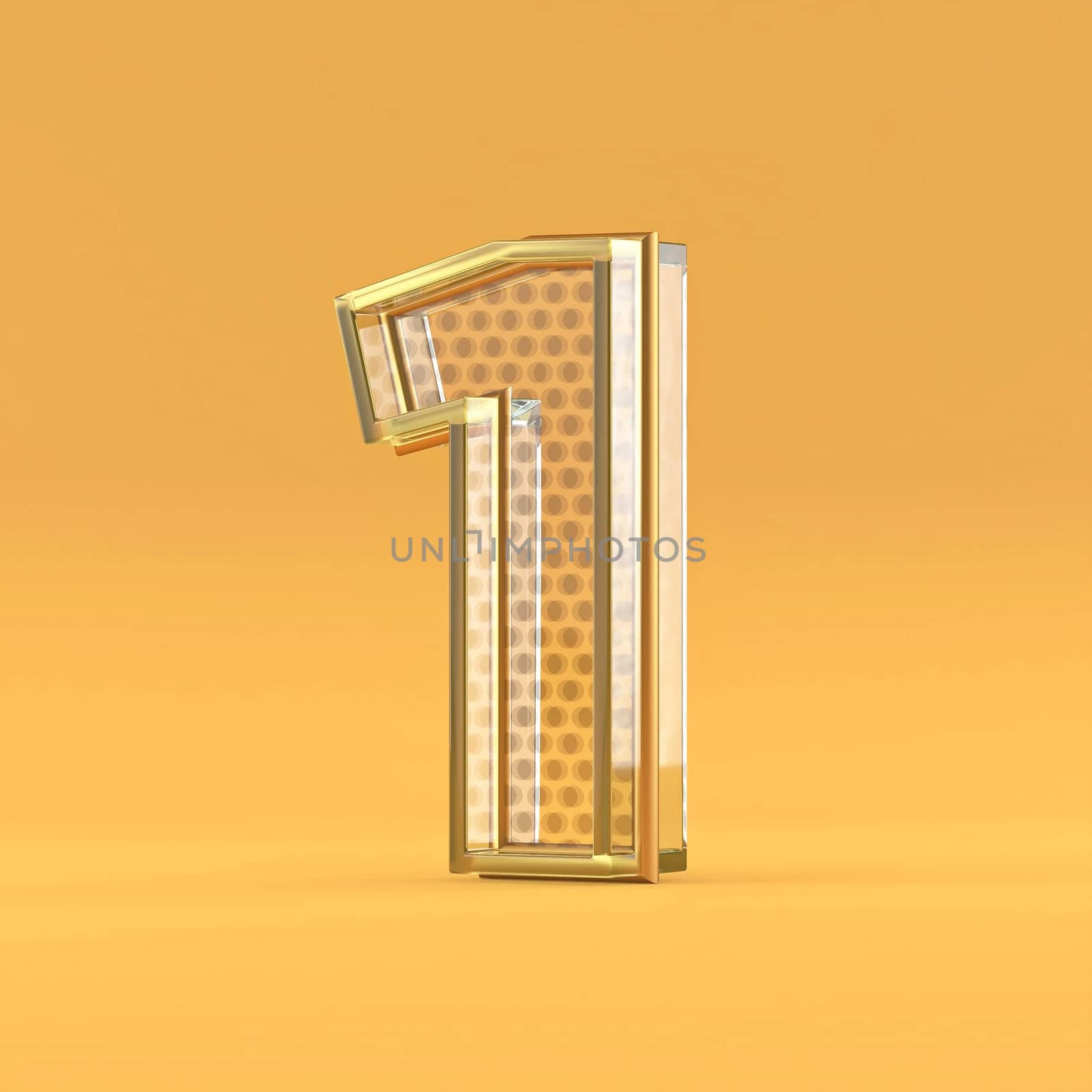 Gold wire and glass font Number 1 ONE 3D rendering illustration isolated on orange background