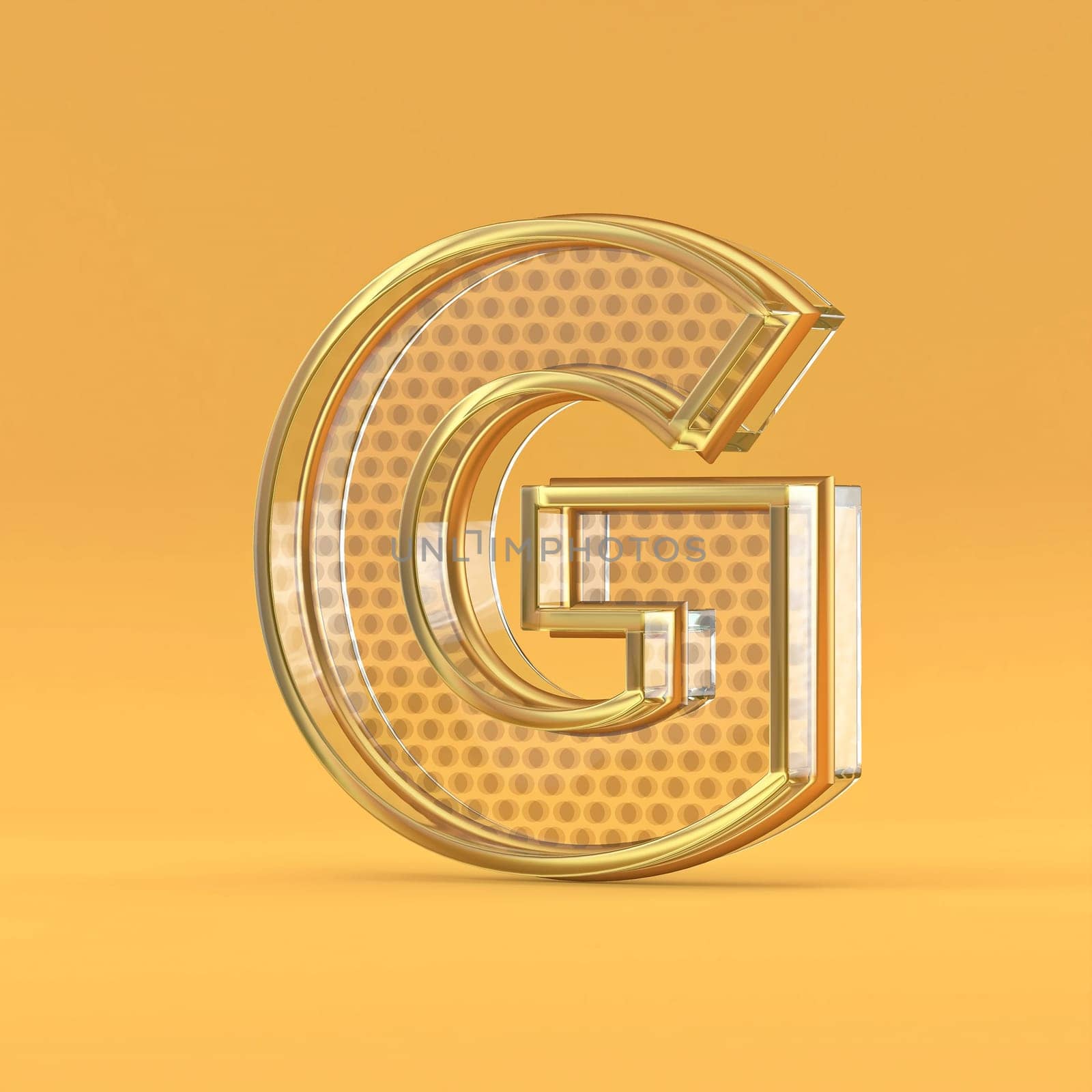 Gold wire and glass font letter G 3D rendering illustration isolated on orange background