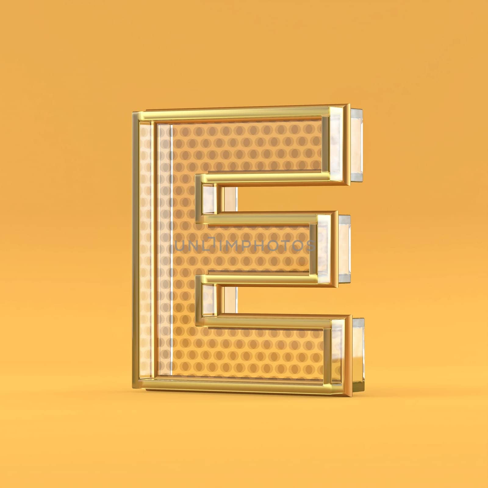 Gold wire and glass font letter E 3D rendering illustration isolated on orange background