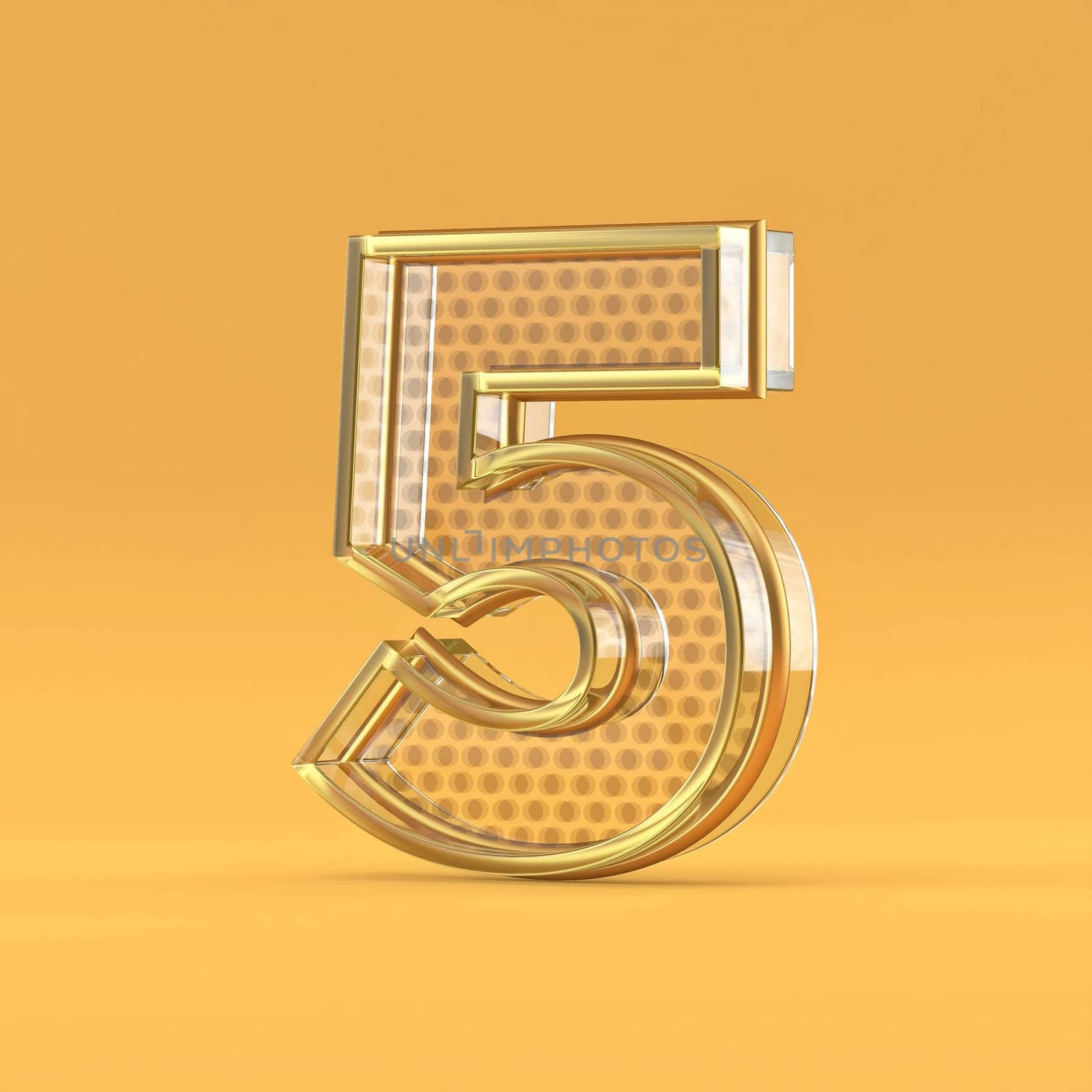 Gold wire and glass font Number 5 FIVE 3D rendering illustration isolated on orange background
