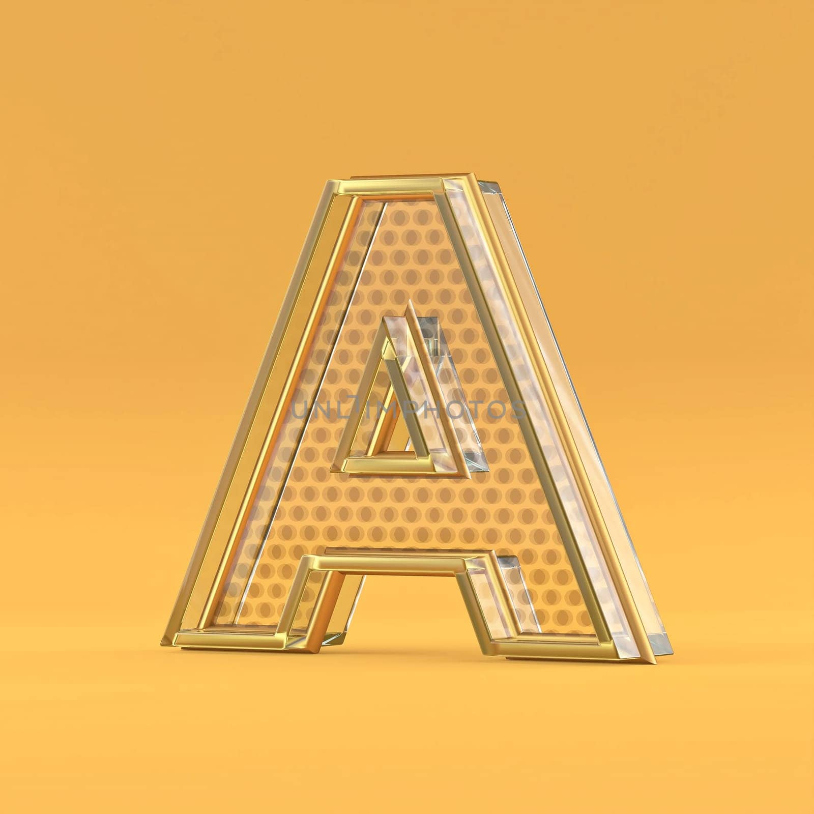Gold wire and glass font letter A 3D rendering illustration isolated on orange background