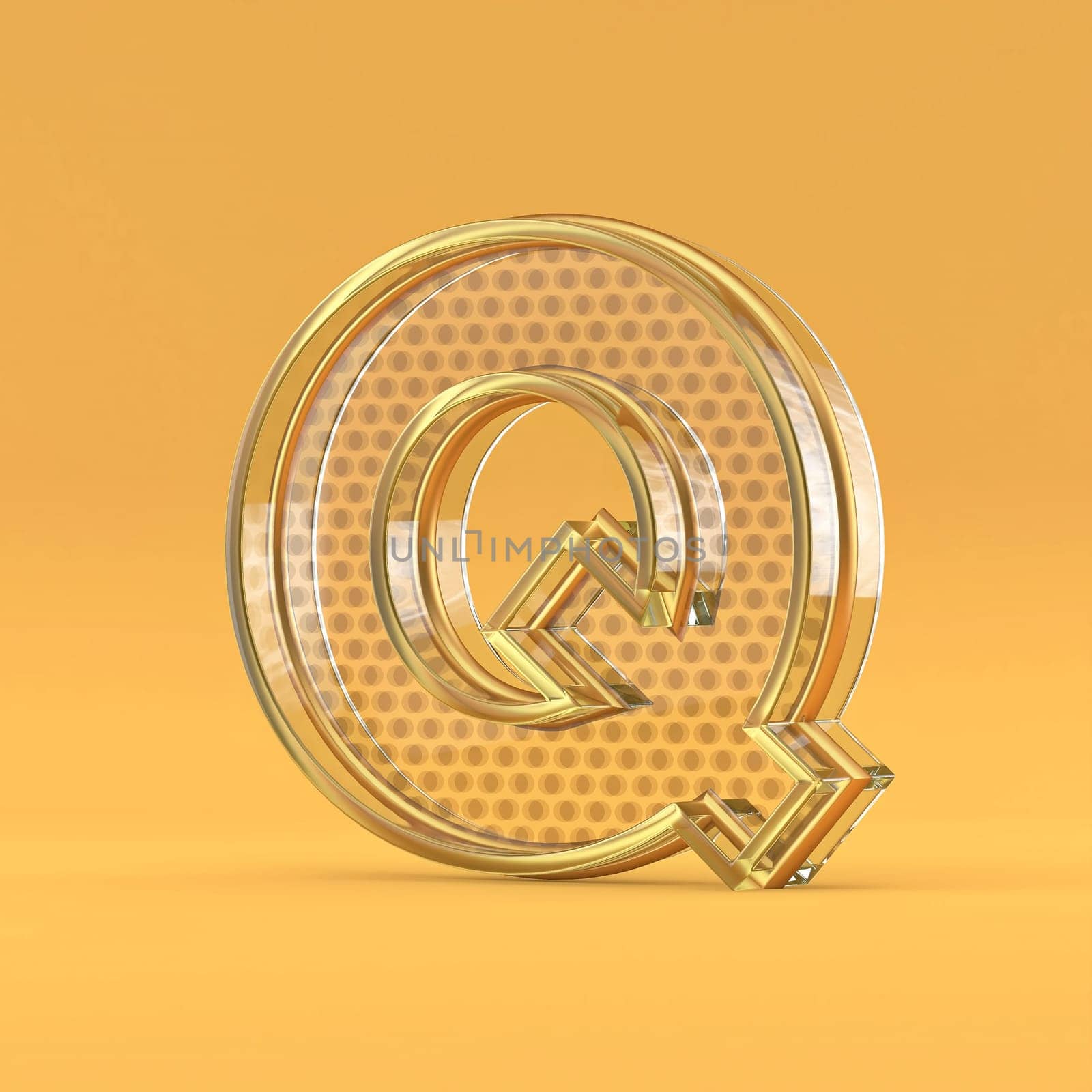 Gold wire and glass font letter Q 3D rendering illustration isolated on orange background