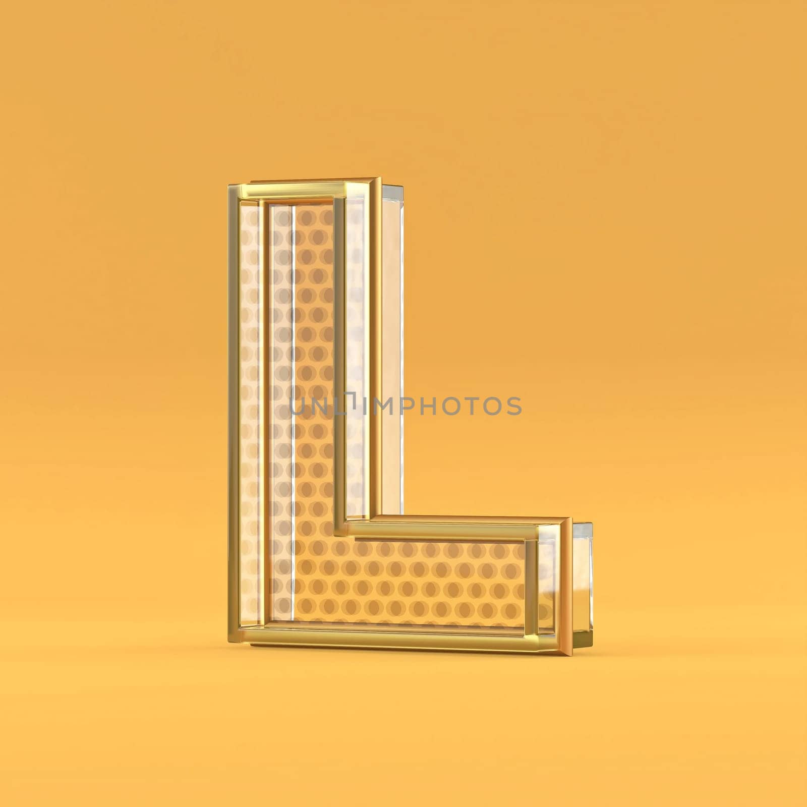 Gold wire and glass font letter L 3D rendering illustration isolated on orange background