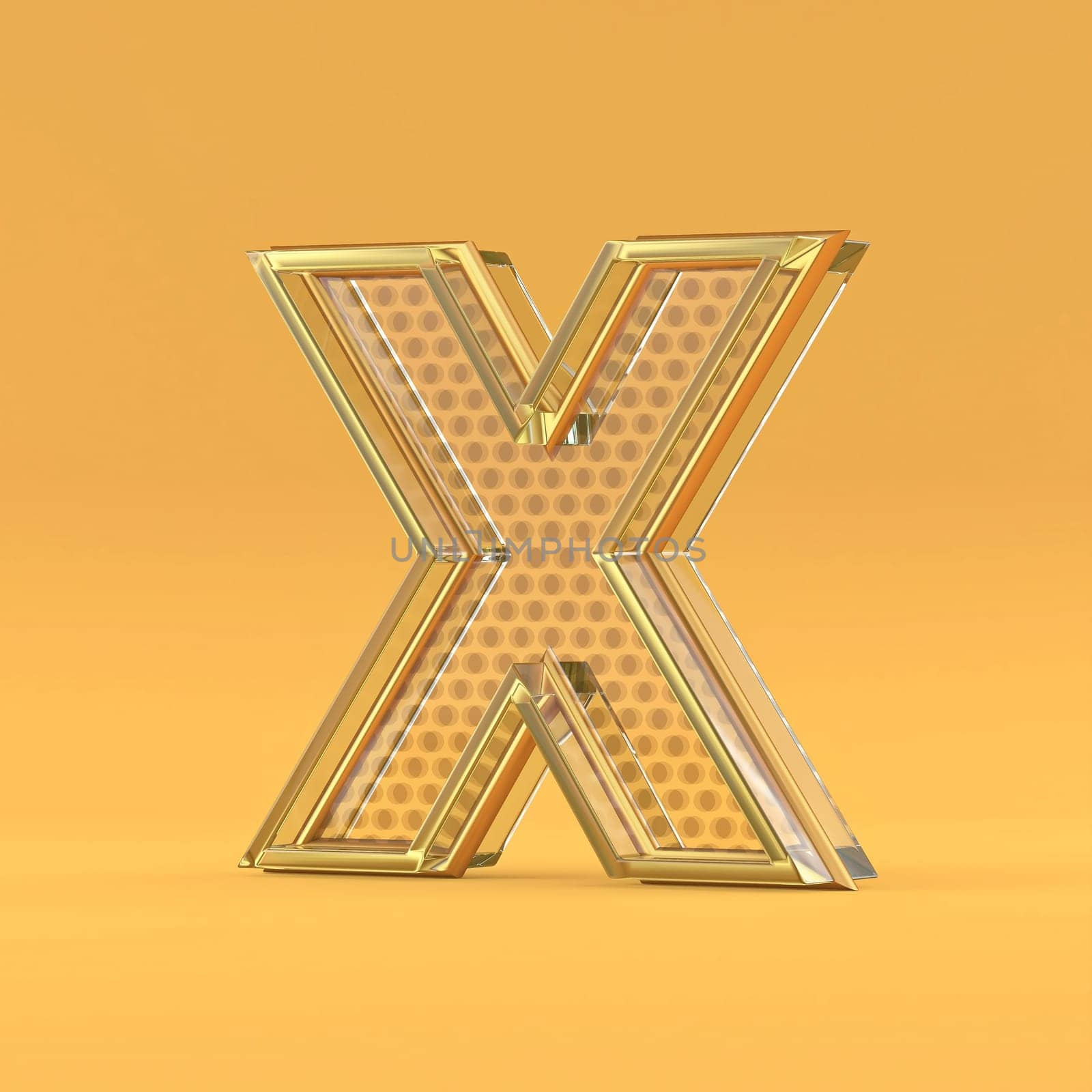 Gold wire and glass font letter X 3D rendering illustration isolated on orange background