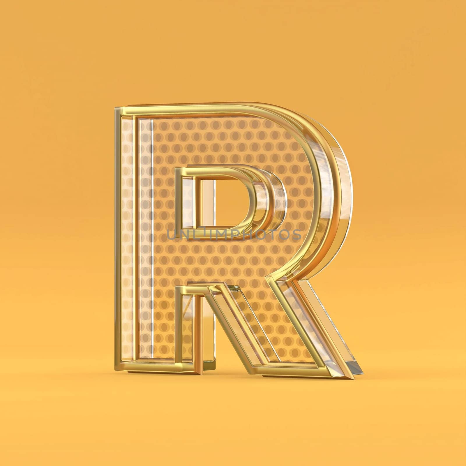 Gold wire and glass font letter R 3D rendering illustration isolated on orange background