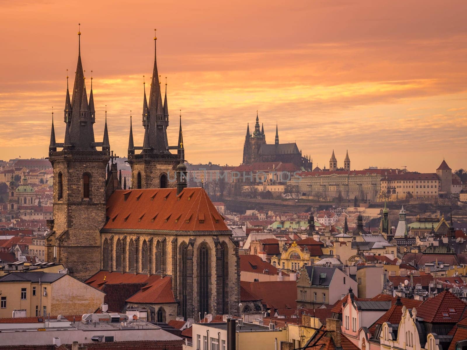 Aerial view of Stare Mesto at sunset in Prague, Czech Republic.