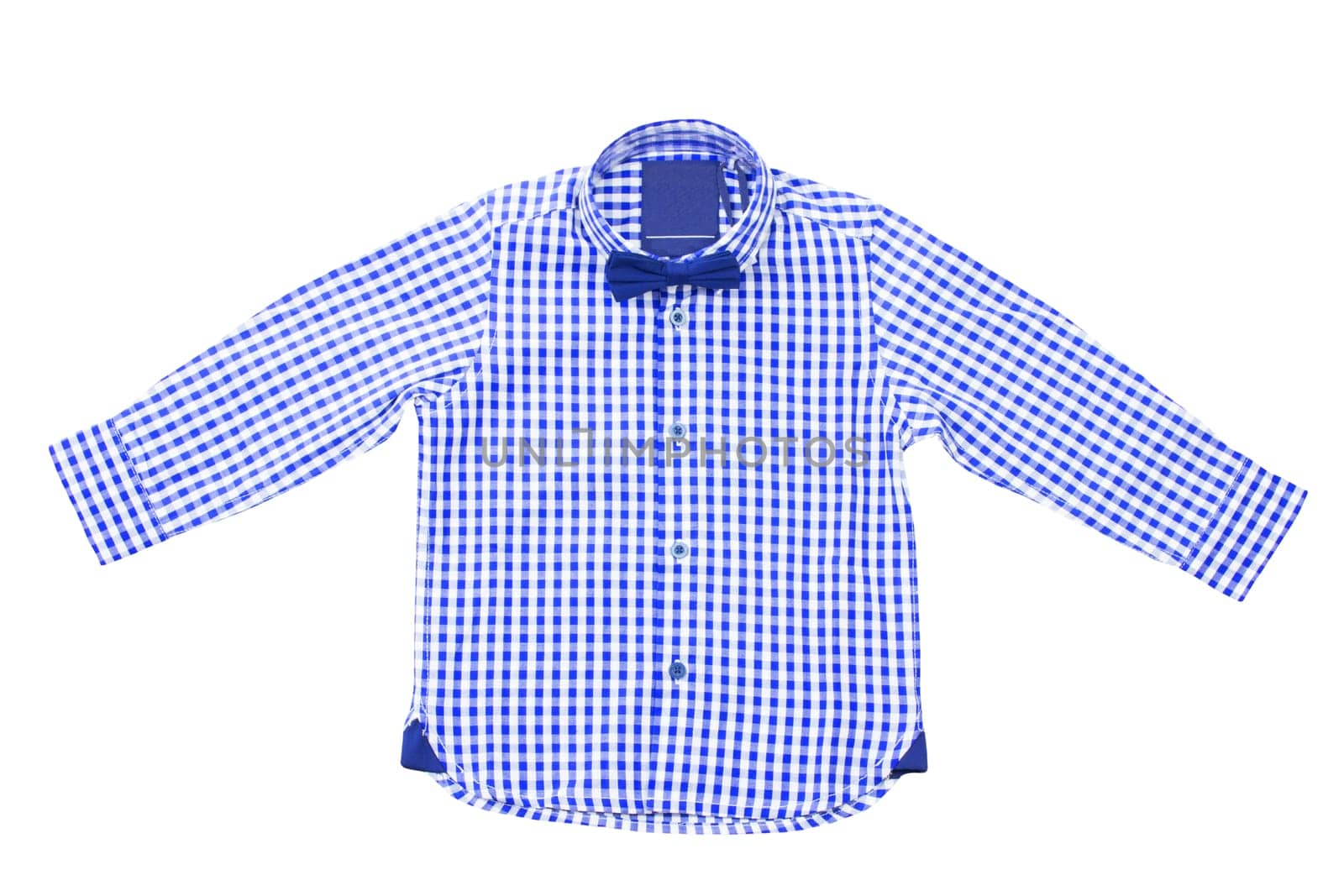 Checked shirts. Close-up of a blue and white tartan or plaid shirt for mens isolated on a white background. Clipping path. Summer fashion of mans clothes.