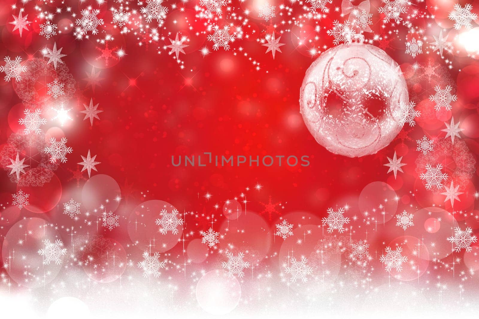 Christmas card template. Abstract festive natural light red white winter christmas background texture with white bokeh lighted snowflakes, stars and a frame. Beautiful card design. Space.