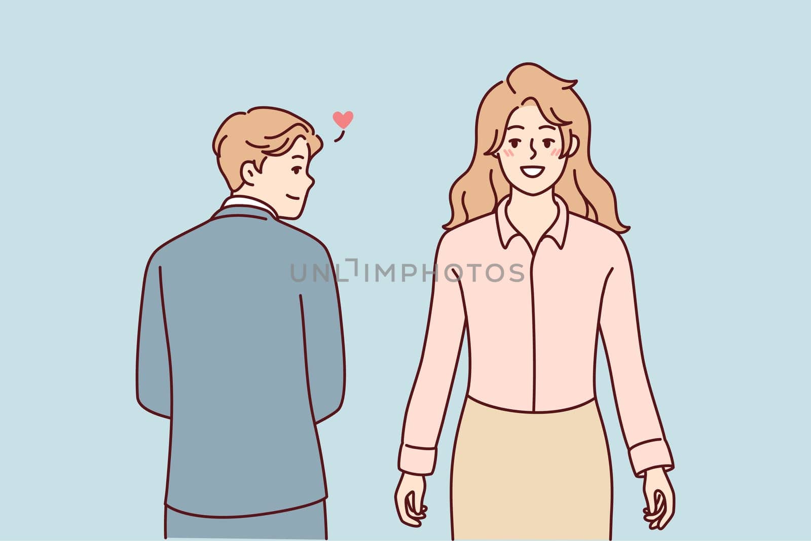 Man in business clothes looks back at beautiful woman having loving feelings for work colleague. Concept office romance between guy and girl who are employees of same company. Flat vector image