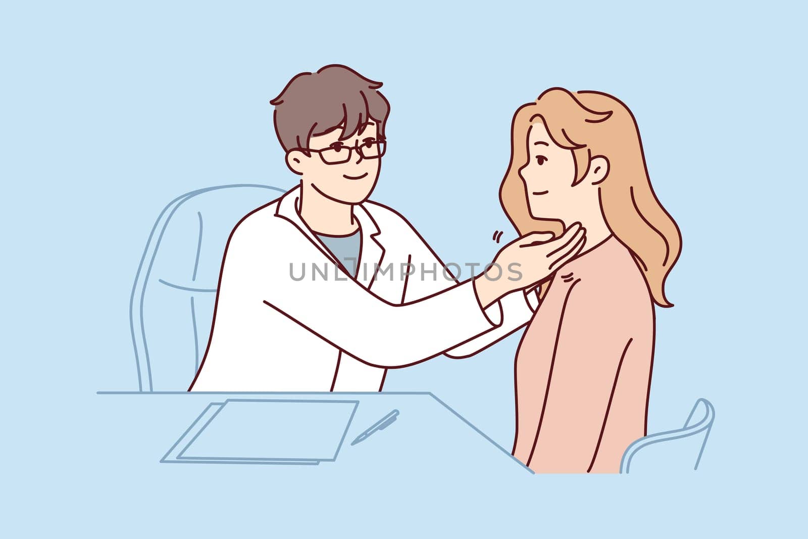 Man doctor examines woman applied to clinic with sore throat or bronchitis. Therapist in white coat sits at table holding out hands to girl patient in need treatment or medication. Flat vector design