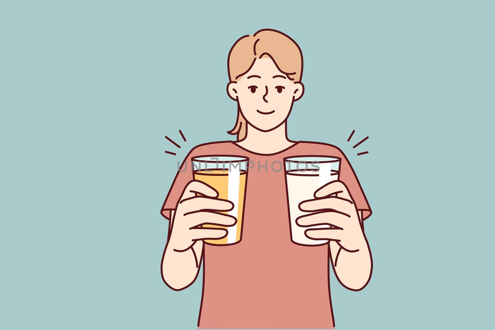 Woman with two glasses filled with cocktails wants to treat you and offers you drink. Girl stretches hands with mugs to screen, offering choice one of thirst-quenching lemonades. Flat vector design