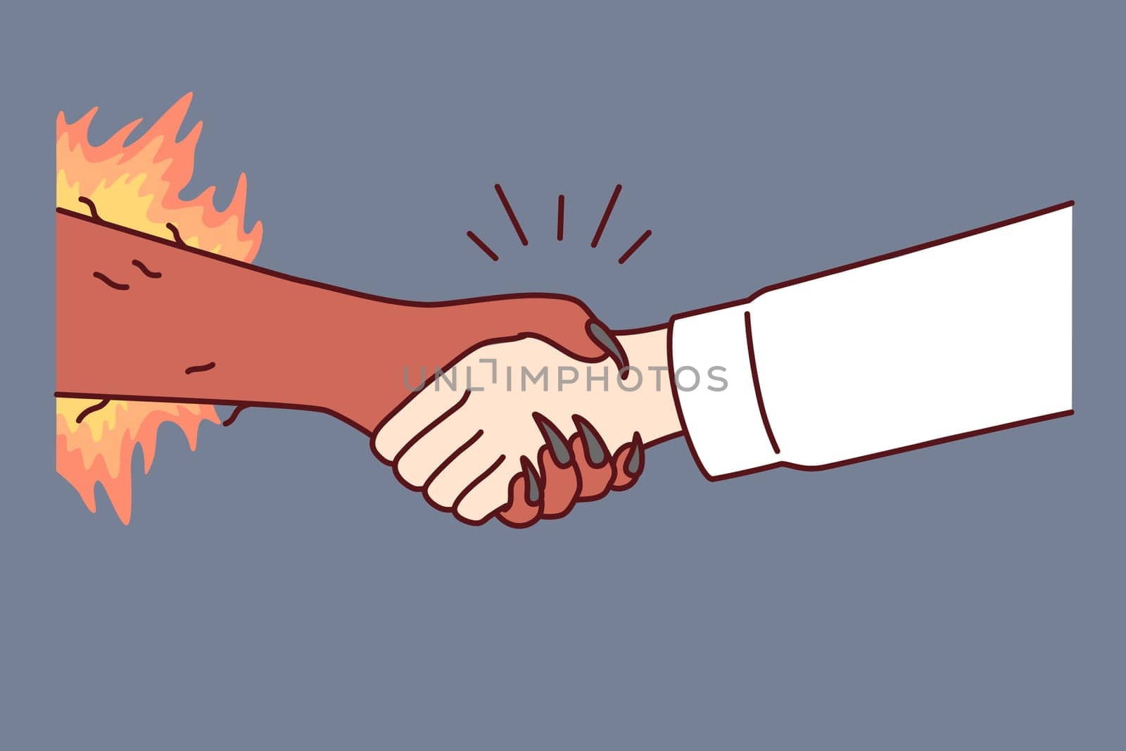 Handshake between man and devil symbolizes risky deal or dangerous business arrangement. Hand of human and demon is metaphor for bad contract or unethical way of managing company. Flat vector image