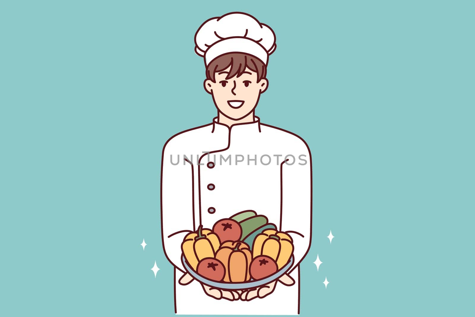 Satisfied man in chef clothes holds plate with fresh vegetables in hands offering to make vegetable salad. Restaurant cook demonstrating ingredients for preparing vegetarian food. Flat vector design