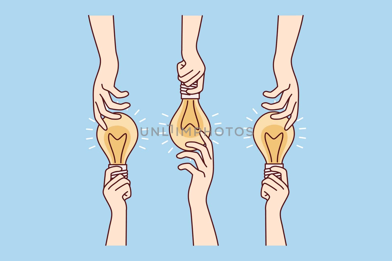 Hands with glowing light bulbs are metaphor for idea or thought-out solution to get rid of problem. People share and exchange development thought or brainstorm. Flat vector illustration