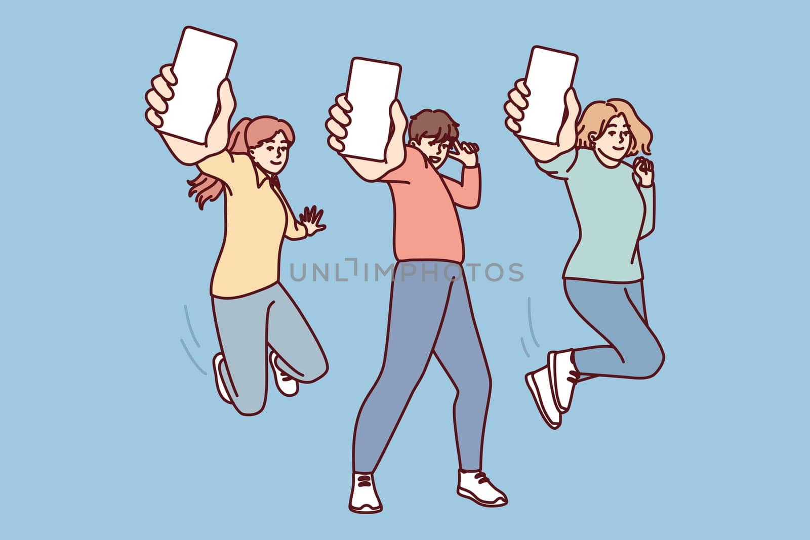 People show screen of mobile phone by stretching their hand to monitor advertising app. Vector image