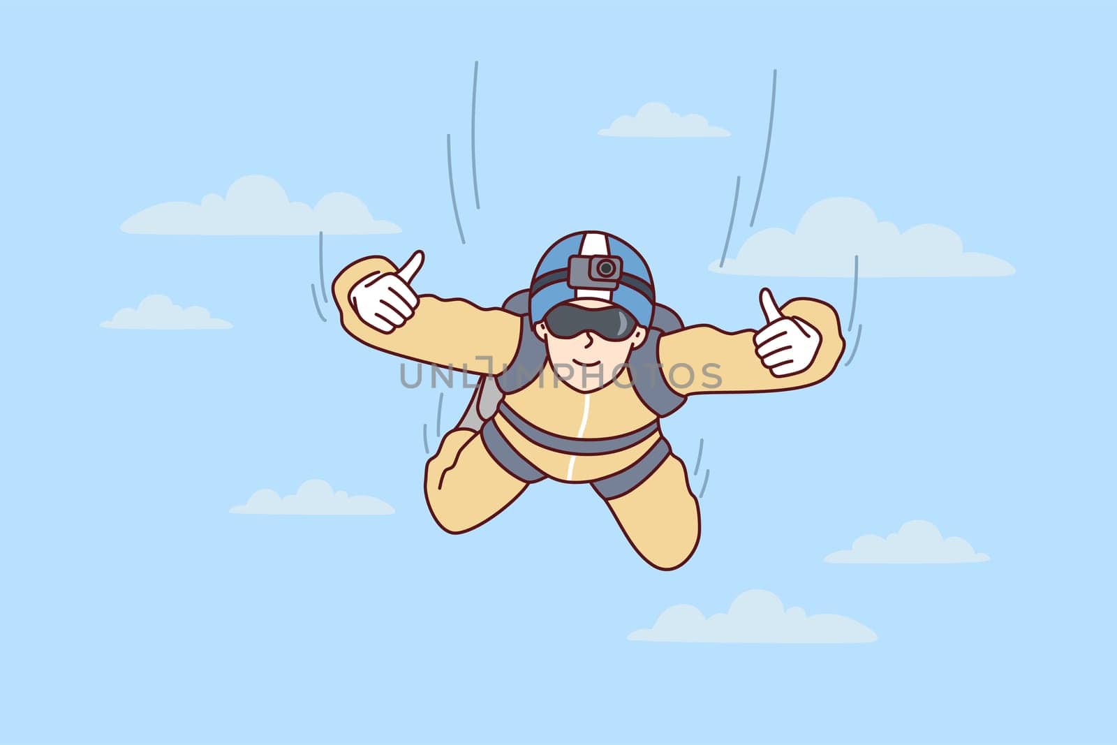 Man skydiver hangs in sky and shows two hands thumbs up after jumping from airplane. Sportsman keen on extreme hobby with camera fixed on forehead flies among clouds. Flat vector illustration
