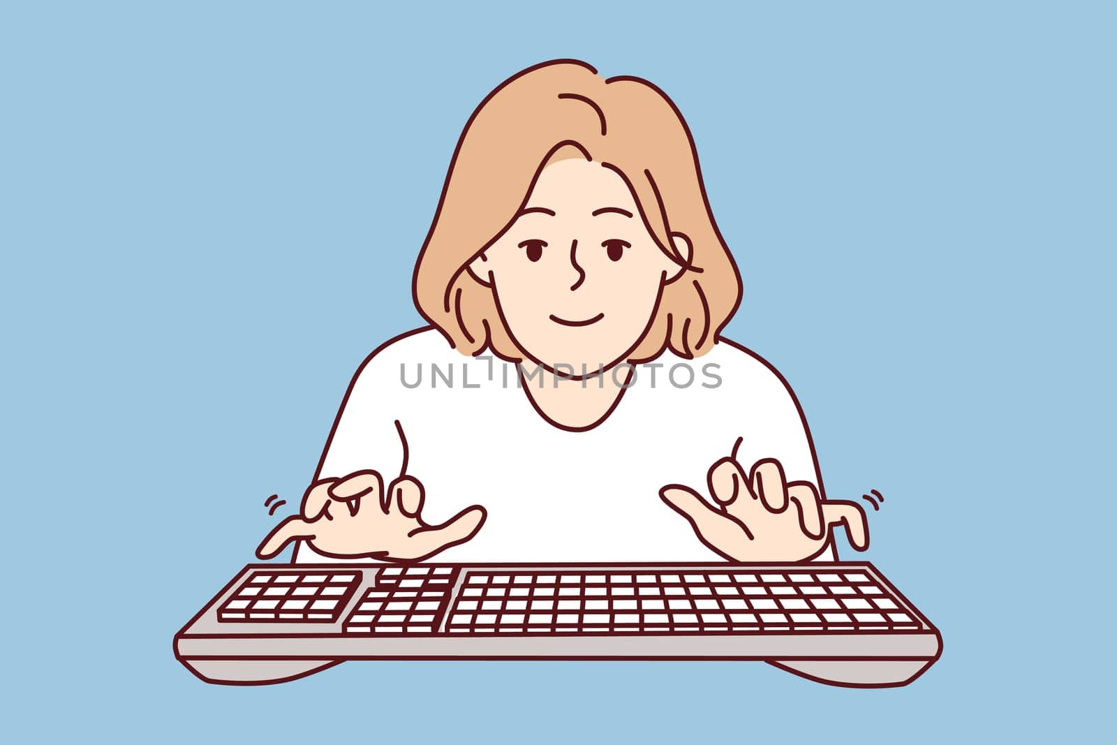 Young woman with typing keyboard looks at screen while typing e-mail message. Girl blogger or internet programmer working in casual clothes fulfilling order from freelance exchange. Flat vector image
