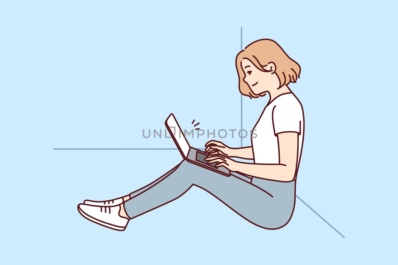 Positive woman freelancer sitting on floor near wall with laptop on lap. girl works remotely in comfortable environment performing instructions of manager via Internet. Flat vector illustration