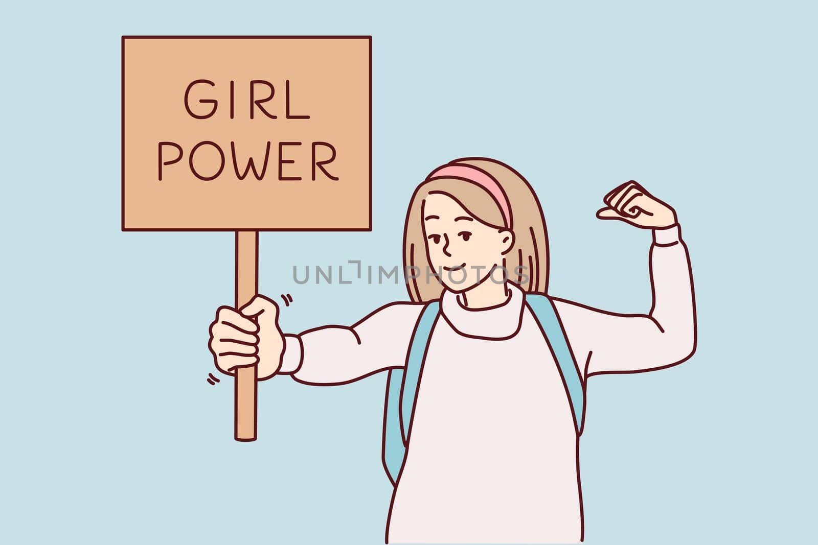 Beautiful woman demonstrates sign with text girl power fighting for equality and female rights. Lady activist with backpack promotes feminist values showing muscles on arm. Flat vector design