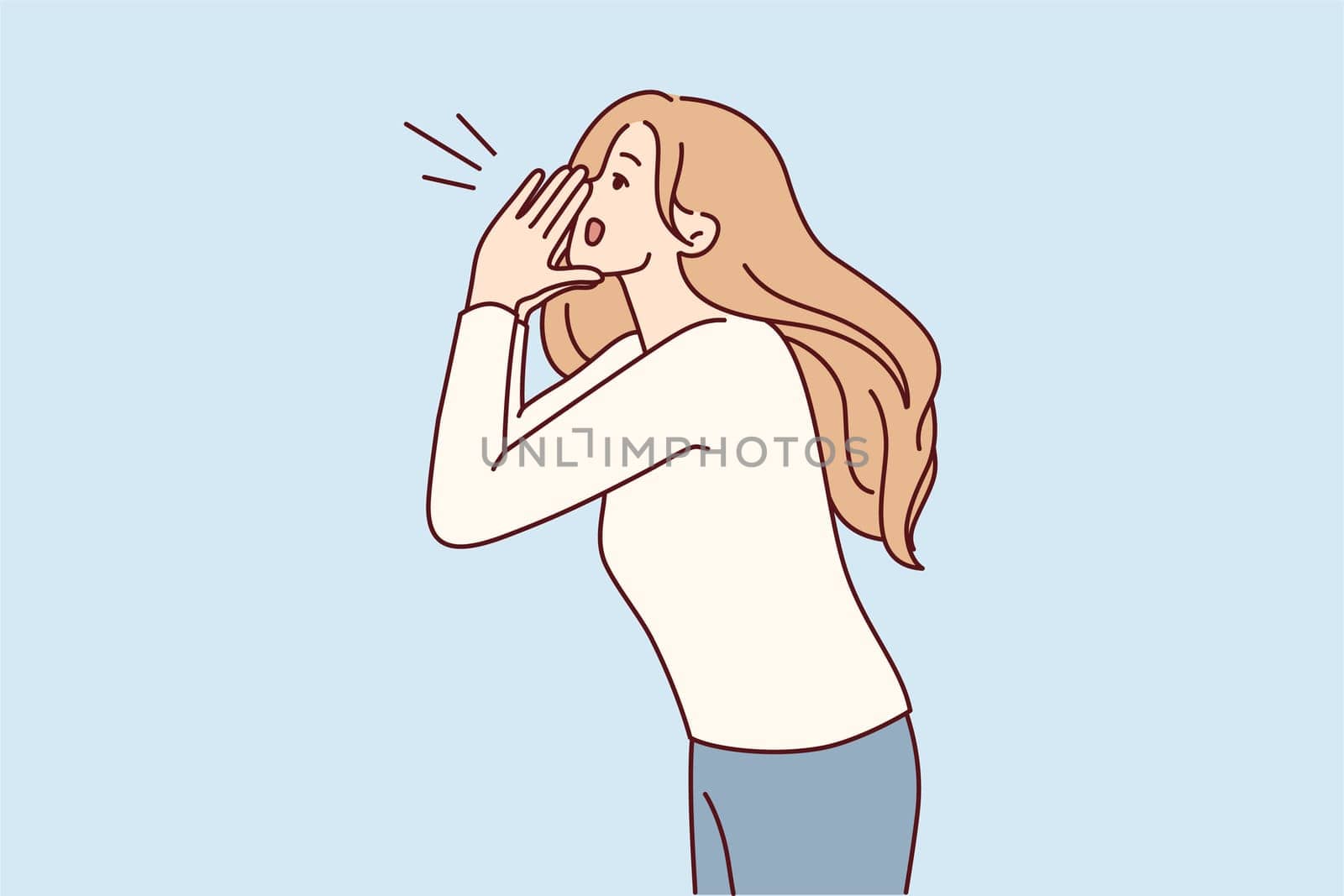 Blonde woman putting hands to mouth screaming inviting everyone to promotion or sale. Lady in casual clothes loudly calls you to pay attention using palms instead of megaphone. Flat vector design