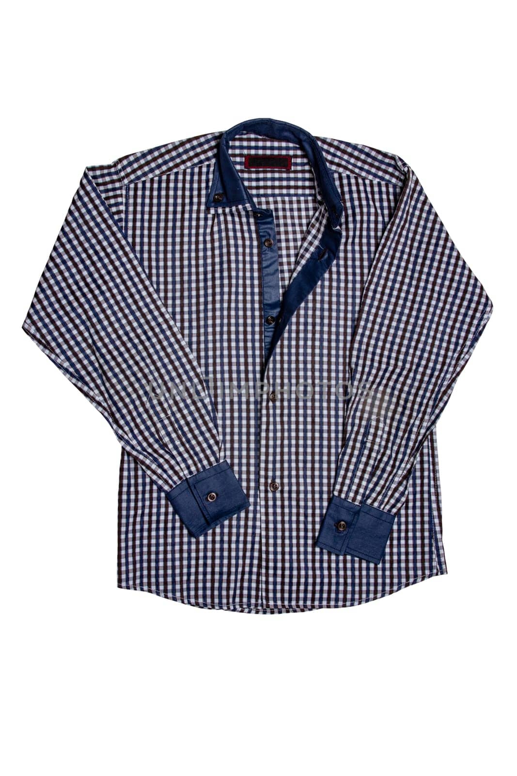 Checked shirts. Close-up of a blue gray and white tartan or plaid shirt for mens isolated on a white background. Clipping path. Summer fashion of mans clothes.