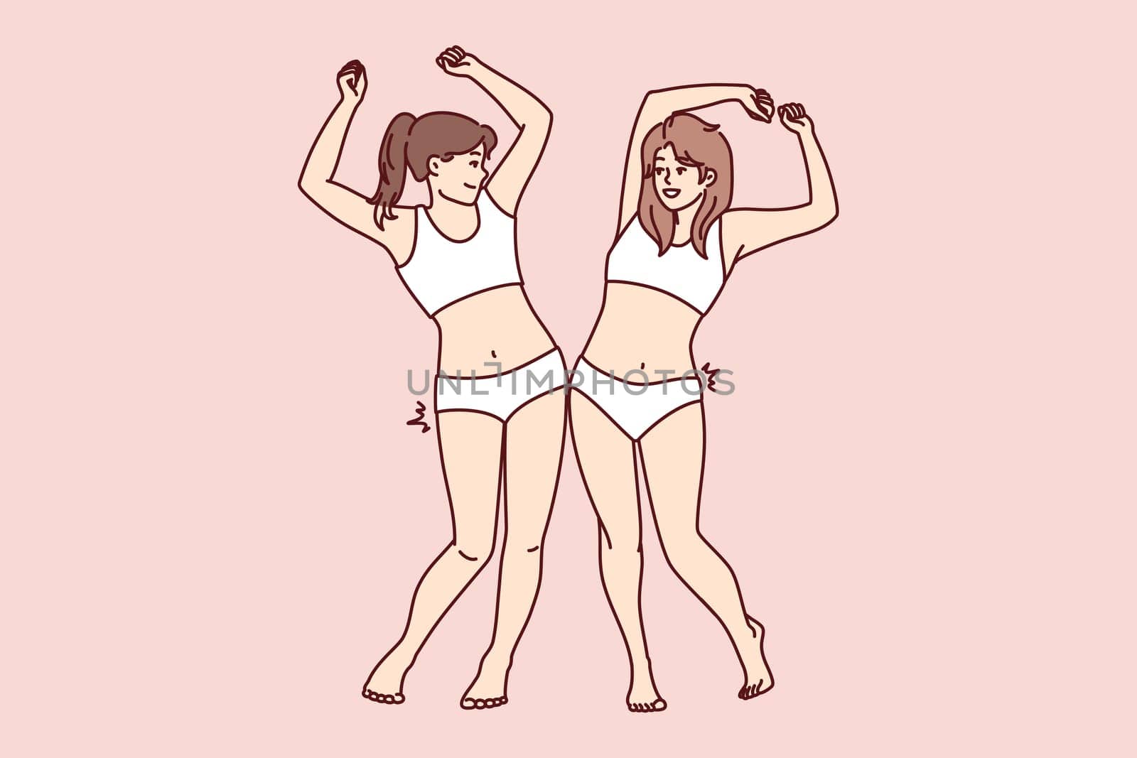 Two slender women in swimsuits bumping hips rejoice at result of losing weight after diet. Positive girls in underwear raise their hands up rejoice at upcoming trip to beach or pool. Flat vector image