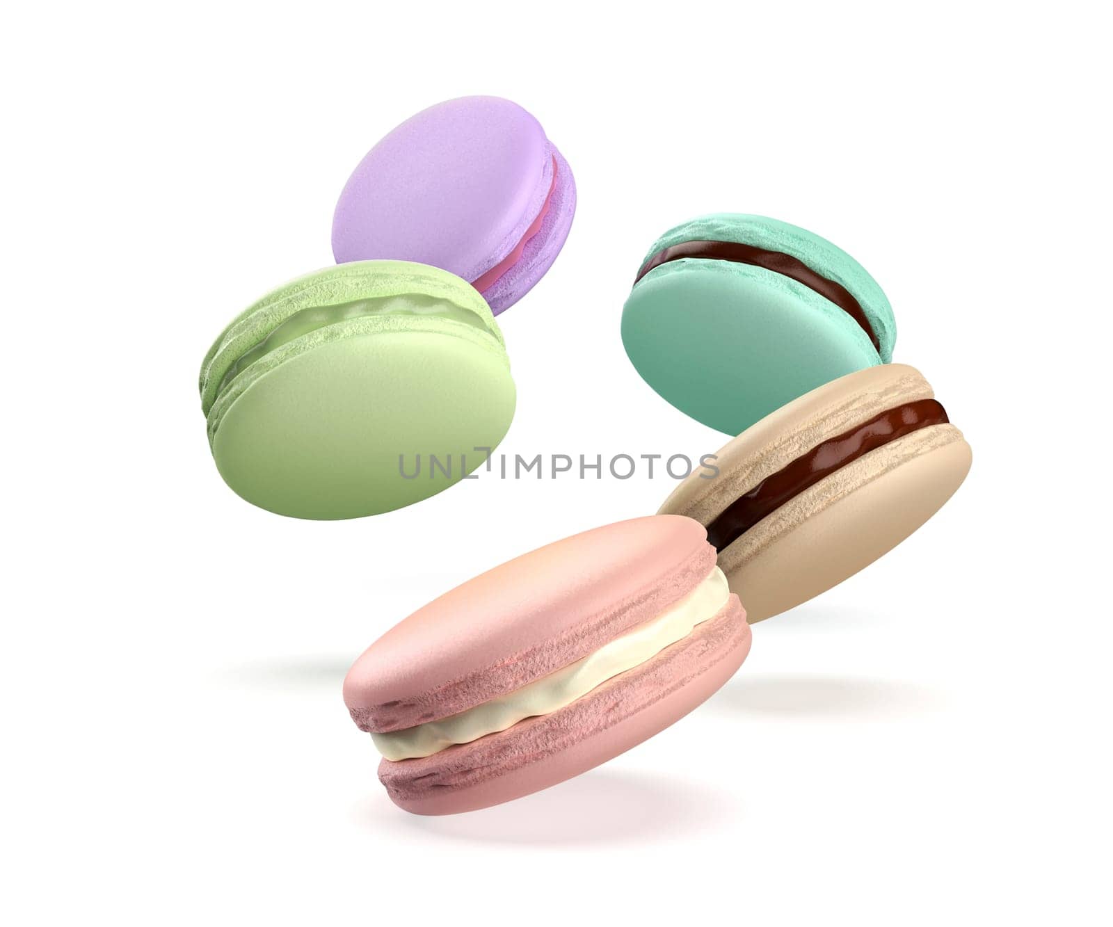 French macarons with different colors on white background