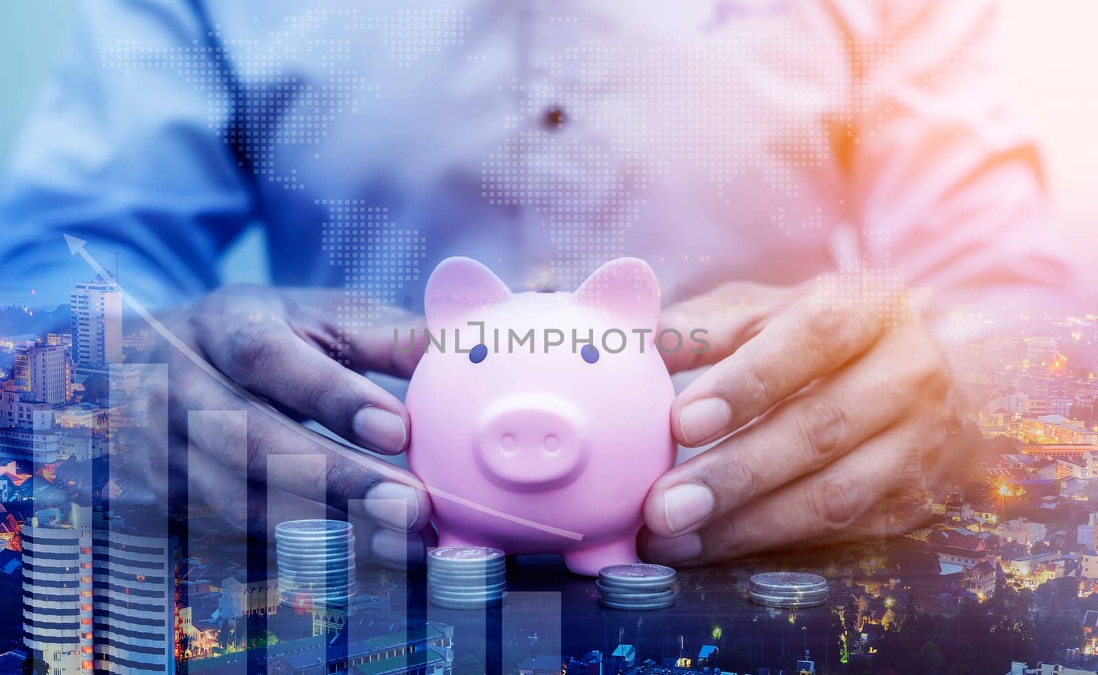 Duoble Exposure, Money and financial concept, Online Banking Savings Concept, Online Investment Savings, Online Stock Investors, Internet Financial Transactions