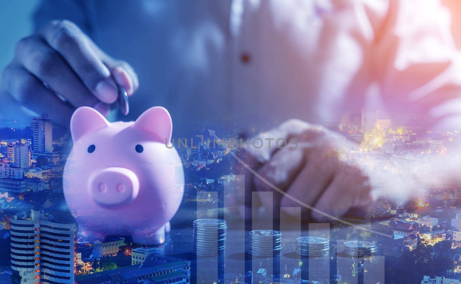 Duoble Exposure, Money and financial concept, Online Banking Savings Concept, Online Investment Savings, Online Stock Investors, Internet Financial Transactions