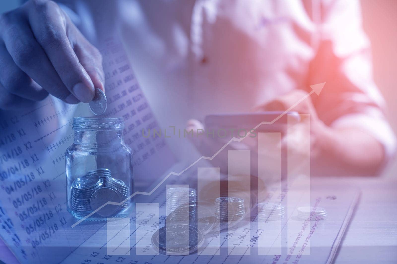 Duoble exposure, Money and financial concept, Online Banking Savings Concept, Online Investment Savings, Online Stock Investors, Internet Financial Transactions