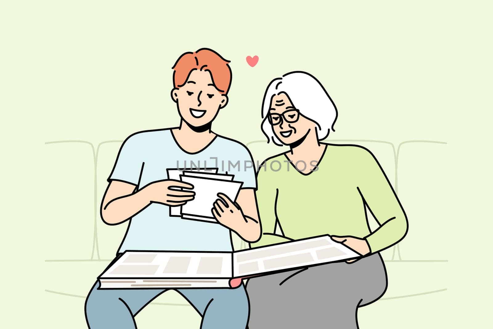 Elderly woman and her son are looking at old photos in photobook. Grandmother tells her grandson about relatives, events in pictures in photograph album. Vector thin line colored illustration.