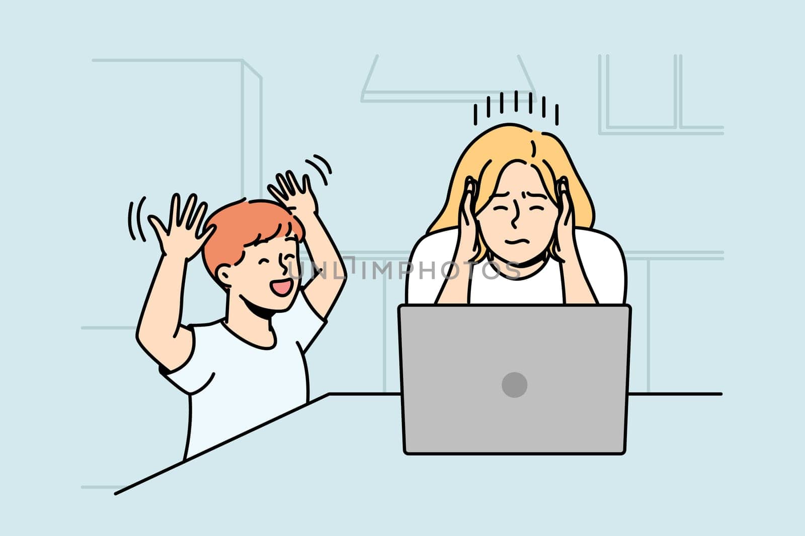 Son screams, hinders his mother doing business at home. Woman is sitting at laptop, trying to concentrate. Remote, distant work. Vector linear colored illustration isolated on blue background.